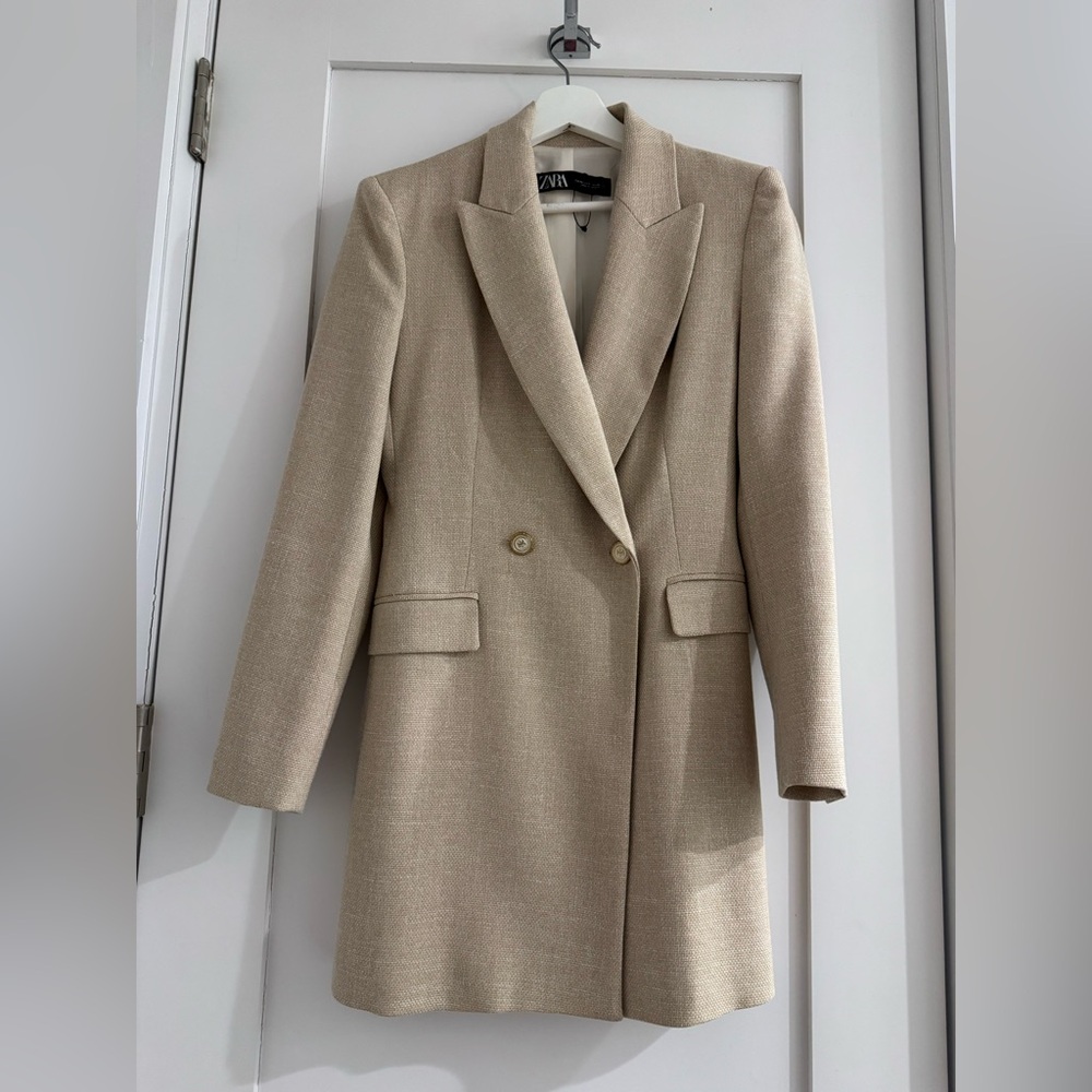 Zara Beige Double Breasted Blazer Dress XS Tailored Longline Jacket